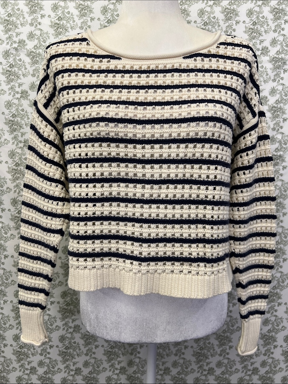 Lucky Brand Navy & Cream Open-Knit Striped Crew Sweater Size S